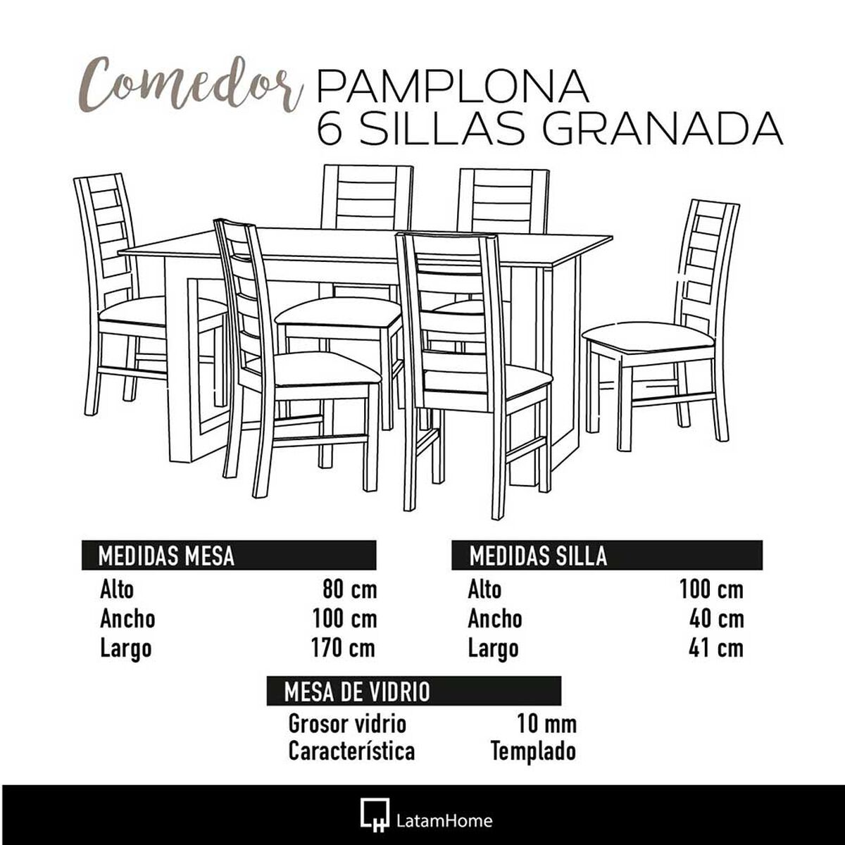 Juego de Comedor Latam Home Pamplona Murcia 6 Sillas Lino Gris Claro