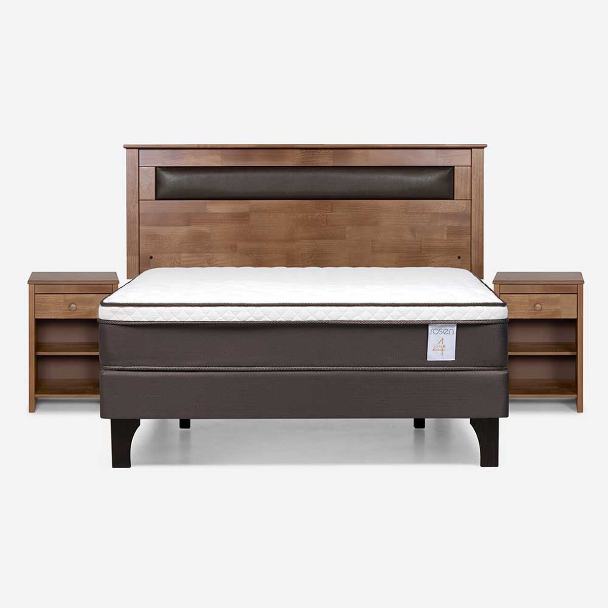 Cama Europea Rosen 2 Plazas New Style 4 Plus + Respaldo + 2 Veladores Ferrarra