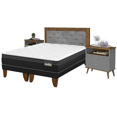 Cama Europea Belsogno Base Dividida 2 Plazas Premium + Respaldo + 2 Veladores Dreams 2 Plazas Treliza Gris