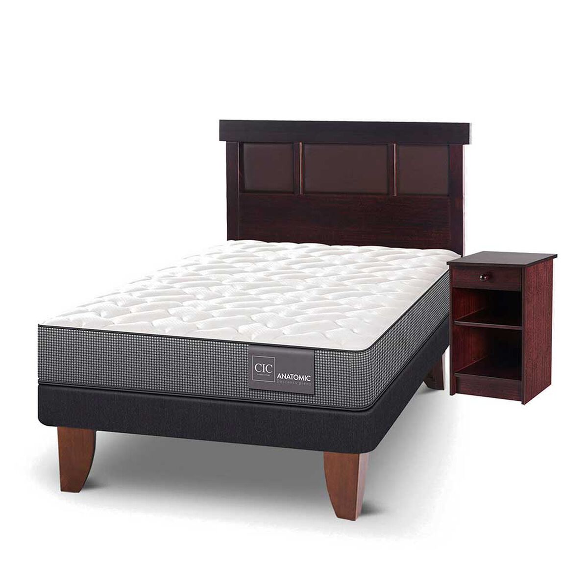 Cama Europea CIC 1,5 Plazas Anatomic + Respaldo + Velador New Dublin Chocolate