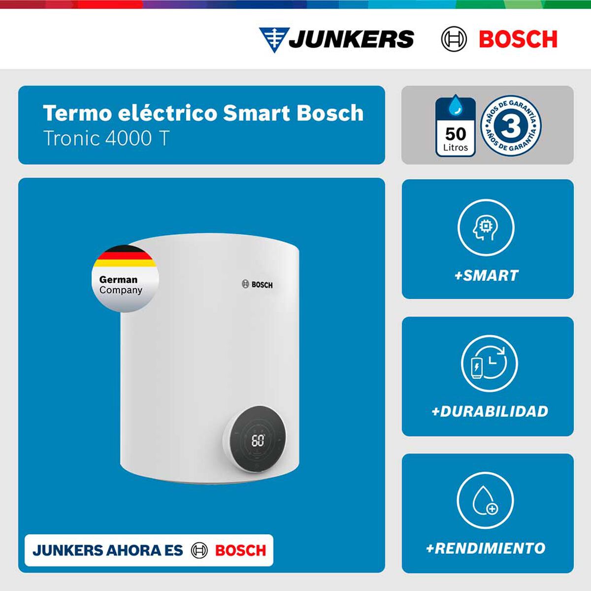 Termo el&eacute;ctrico 50 litros Smart Bosch Tronic 4000 T