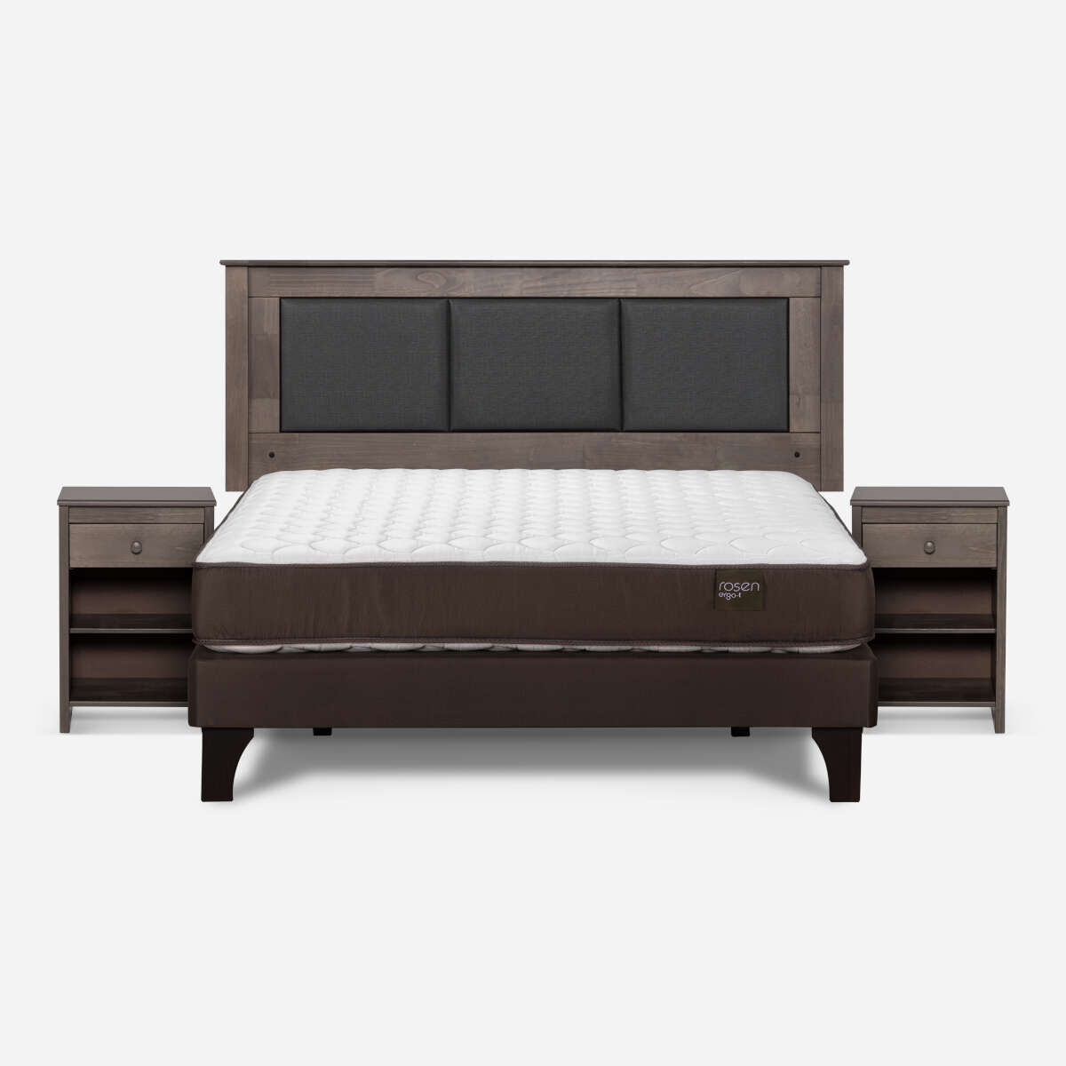 Combo Cama Europea Rosen 2 Plazas New Ergo T BN + Respaldo y Veladores Rachel
