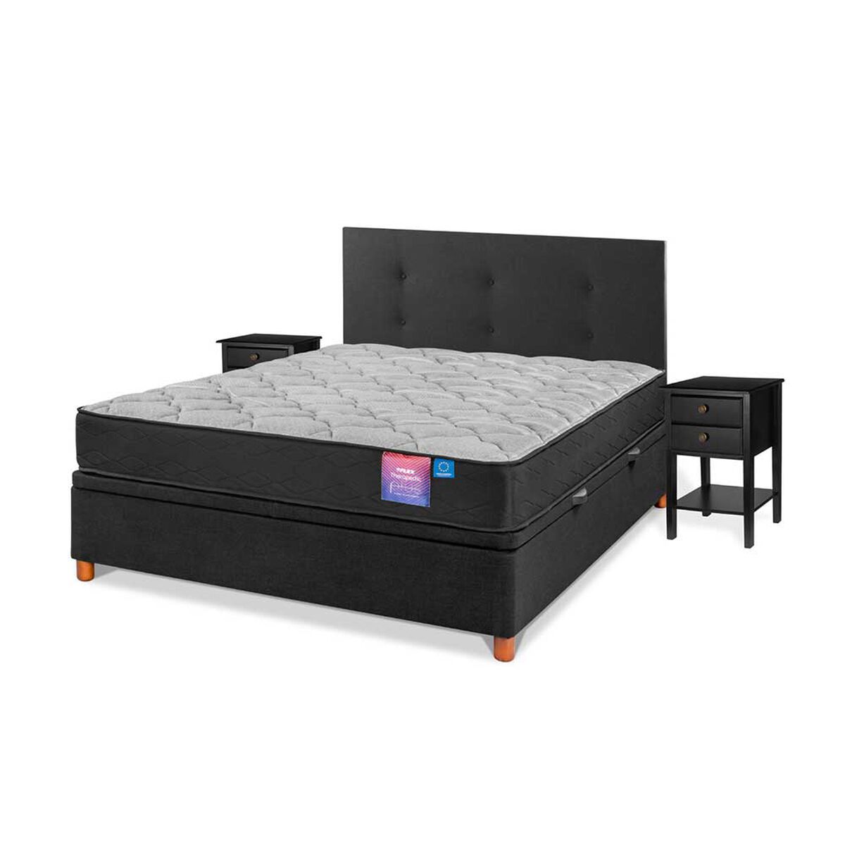 Cama Baúl Flex 2 Plazas Therapedic Plus  + Respaldo Royal + 2 Veladores Rover