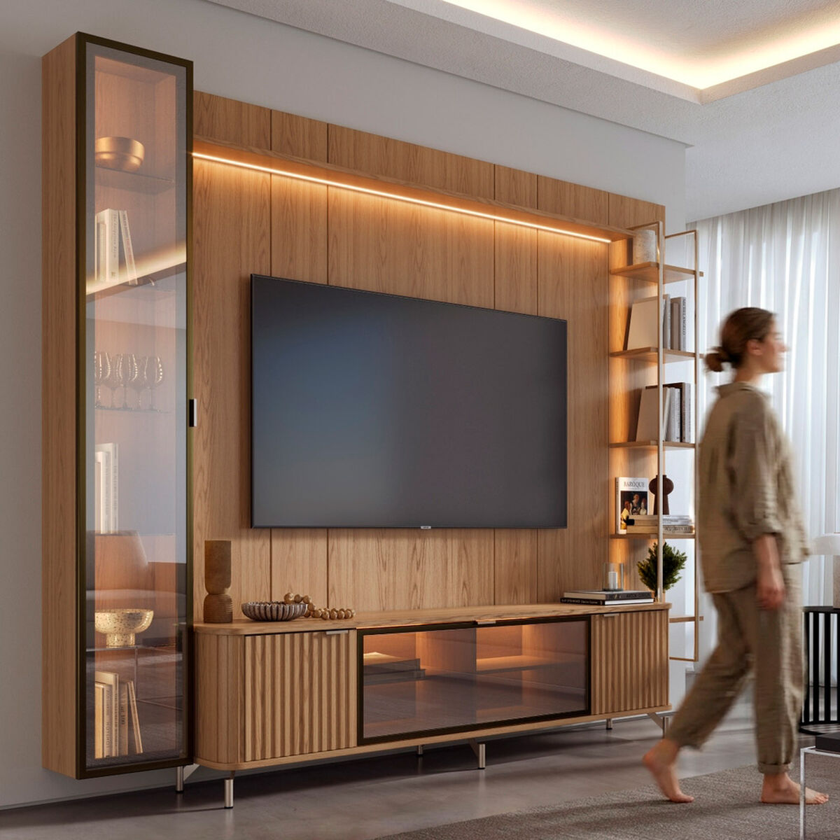 Rack TV 80" + Panel Neon Float Led + Vitrina + Repisas Decocasa Carvalho