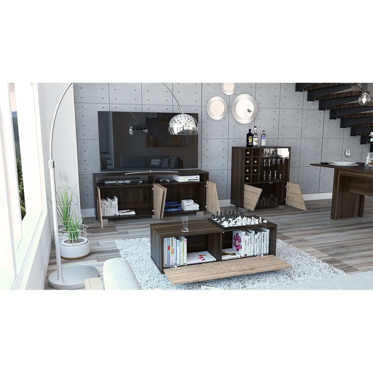 Rack TV Hasta 70" + Bar + Mesa de Centro TuHome Fraktal
