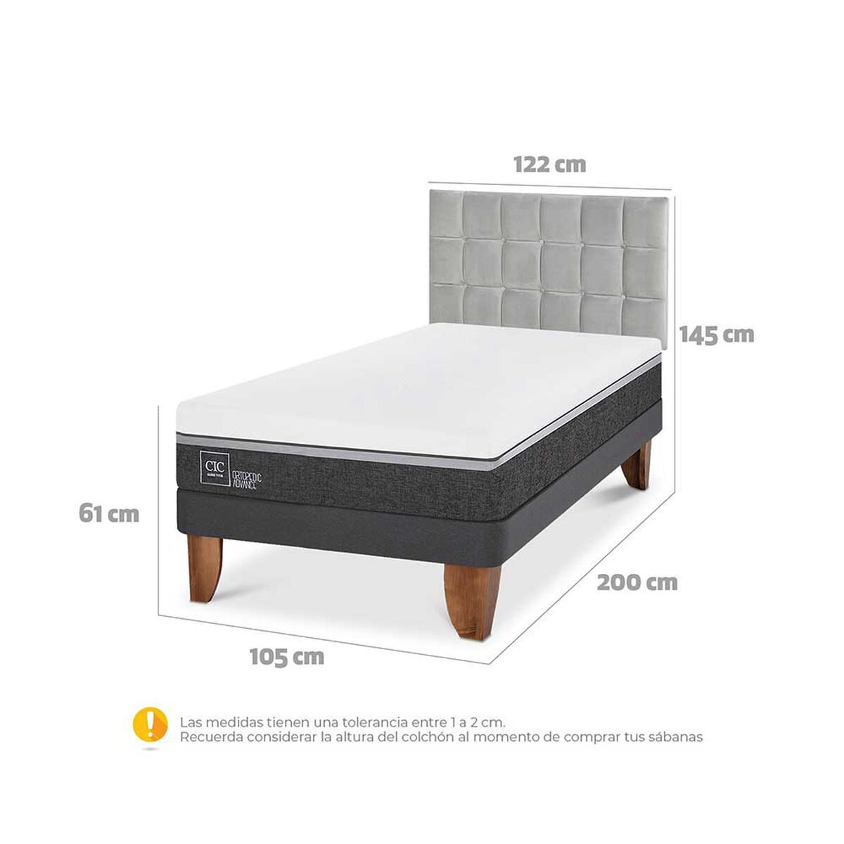 Cama Europea CIC 1,5 Plazas Ortopedic Advance + Respaldo Sile