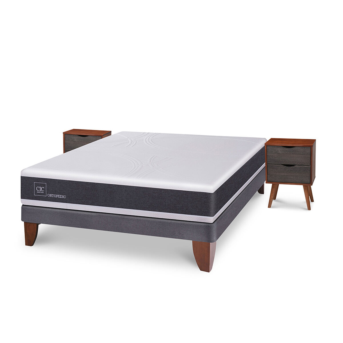 Cama Europea CIC 2 Plazas New Ortopedic + 2 Veladores Niger