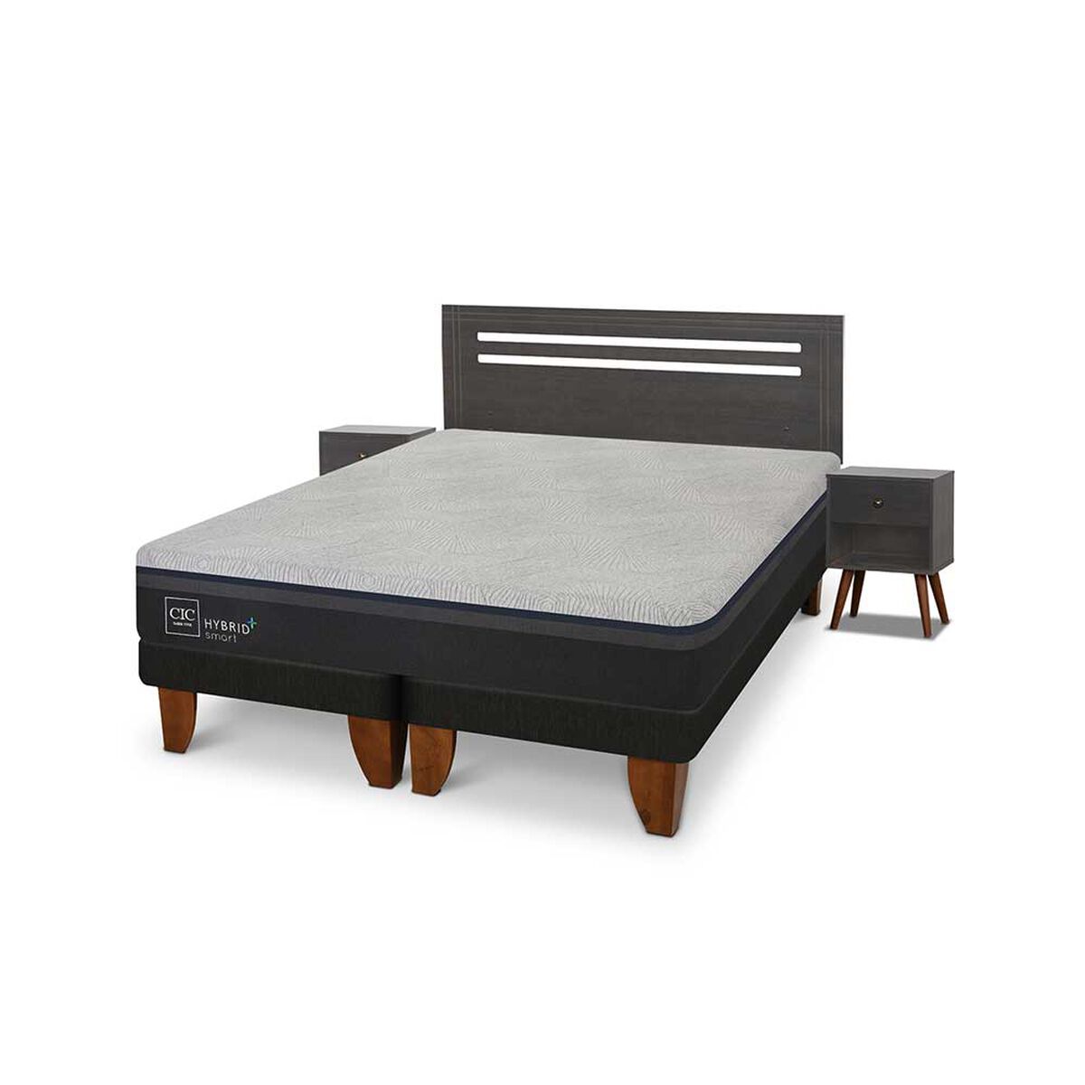 Cama Europea CIC Base Dividida 2 Plazas Hybrid Plus Infinity + Respaldo + 2 Veladores Munich