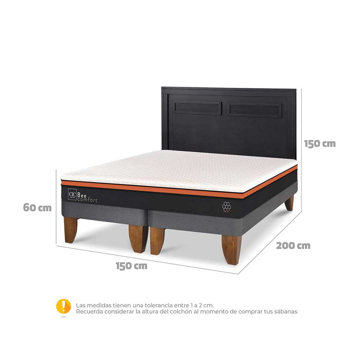Cama Europea CIC Base Dividida 2 Plazas Beecomfort + Respaldo Milan Negro