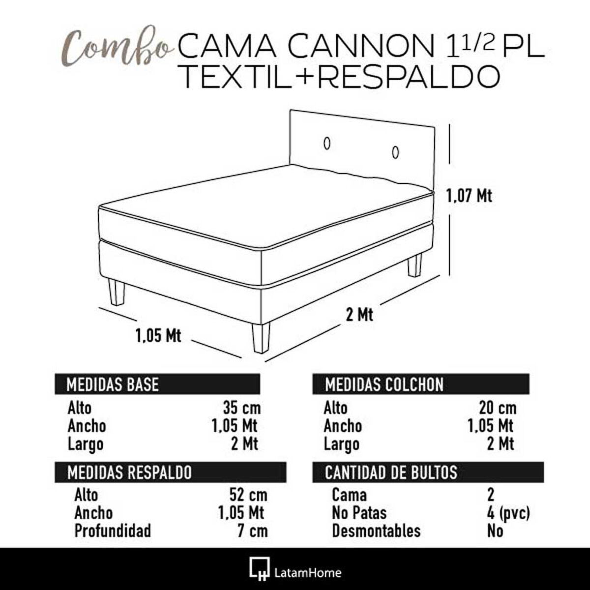 Cama Europea Latam Home 1,5 Plazas Cannon Negro