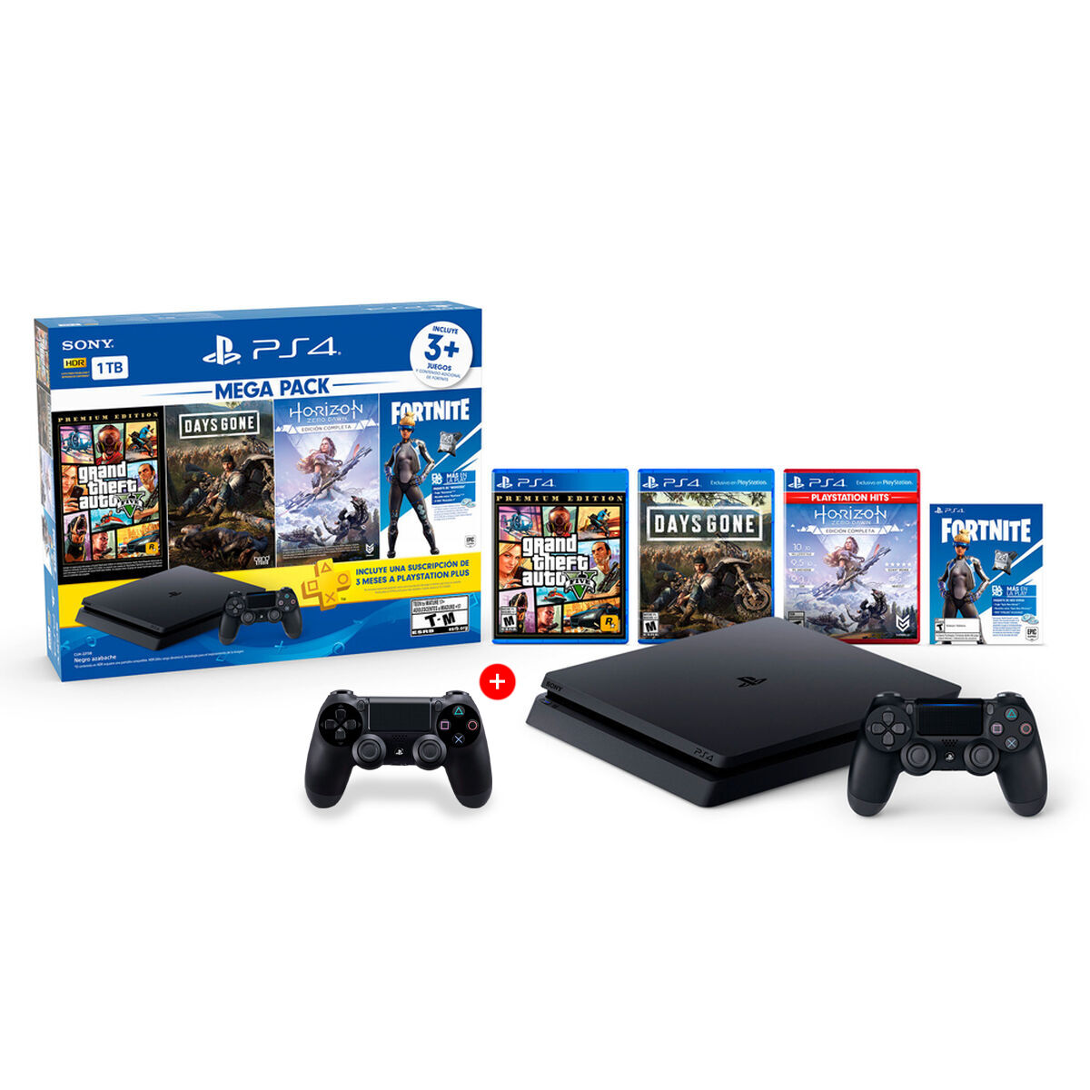 Bundle Mega Pack PS4 Slim 1TB + 2 Controles Dualshock + 3 Juegos + Cupón Fortnite Voucher