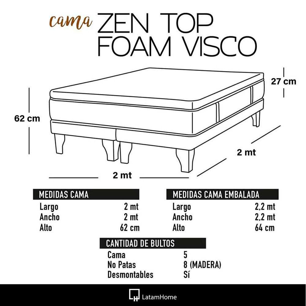 Cama Europea Latam Home Base Dividida S&uacute;per King Zen Top Foam Visco Velvet Gris