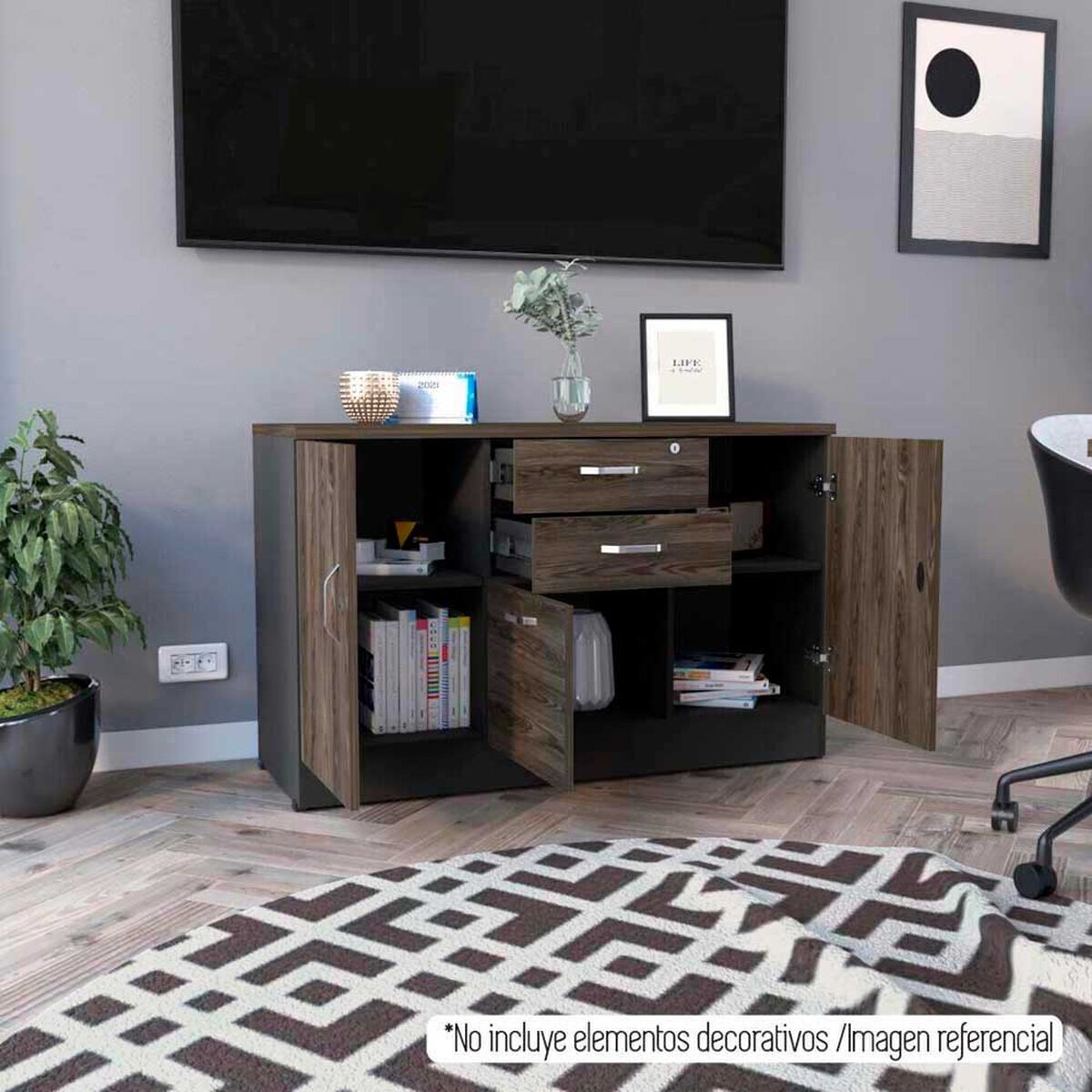 Gabinete TuHome Home Office 2 Puertas 3 Cajones Negro Soft Co&ntilde;ac
