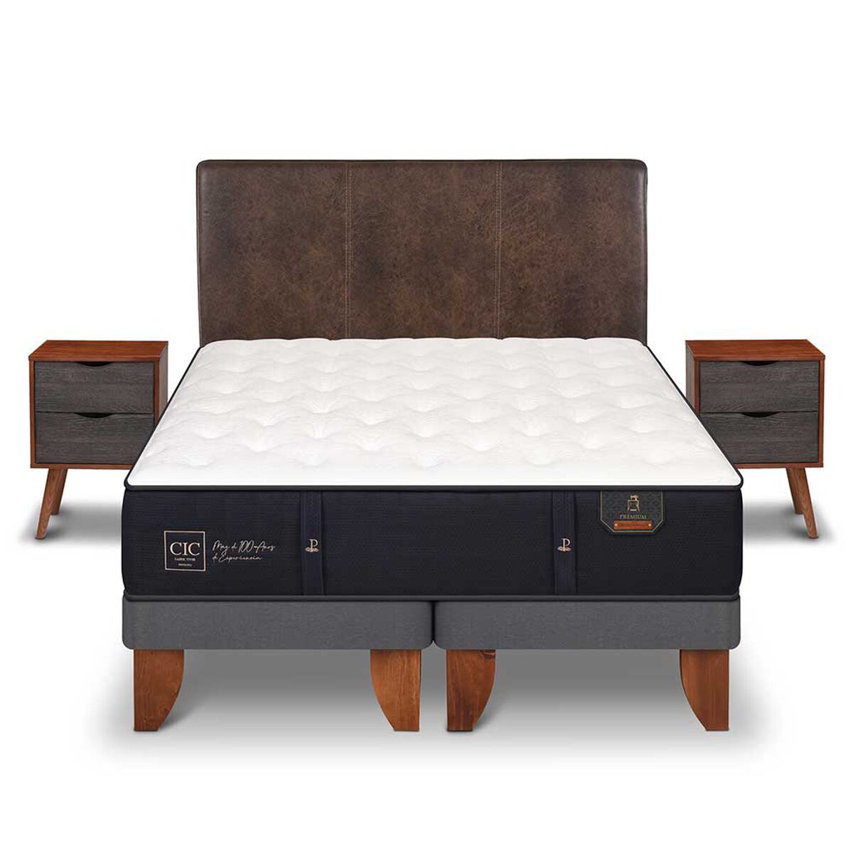 Cama Europea CIC Base Dividida 2 Plazas Premium + Respaldo + Veladores