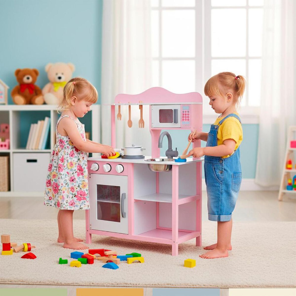 Cocina de Juguete Infantil Madera Rosada con Accesorios Band&uacute;