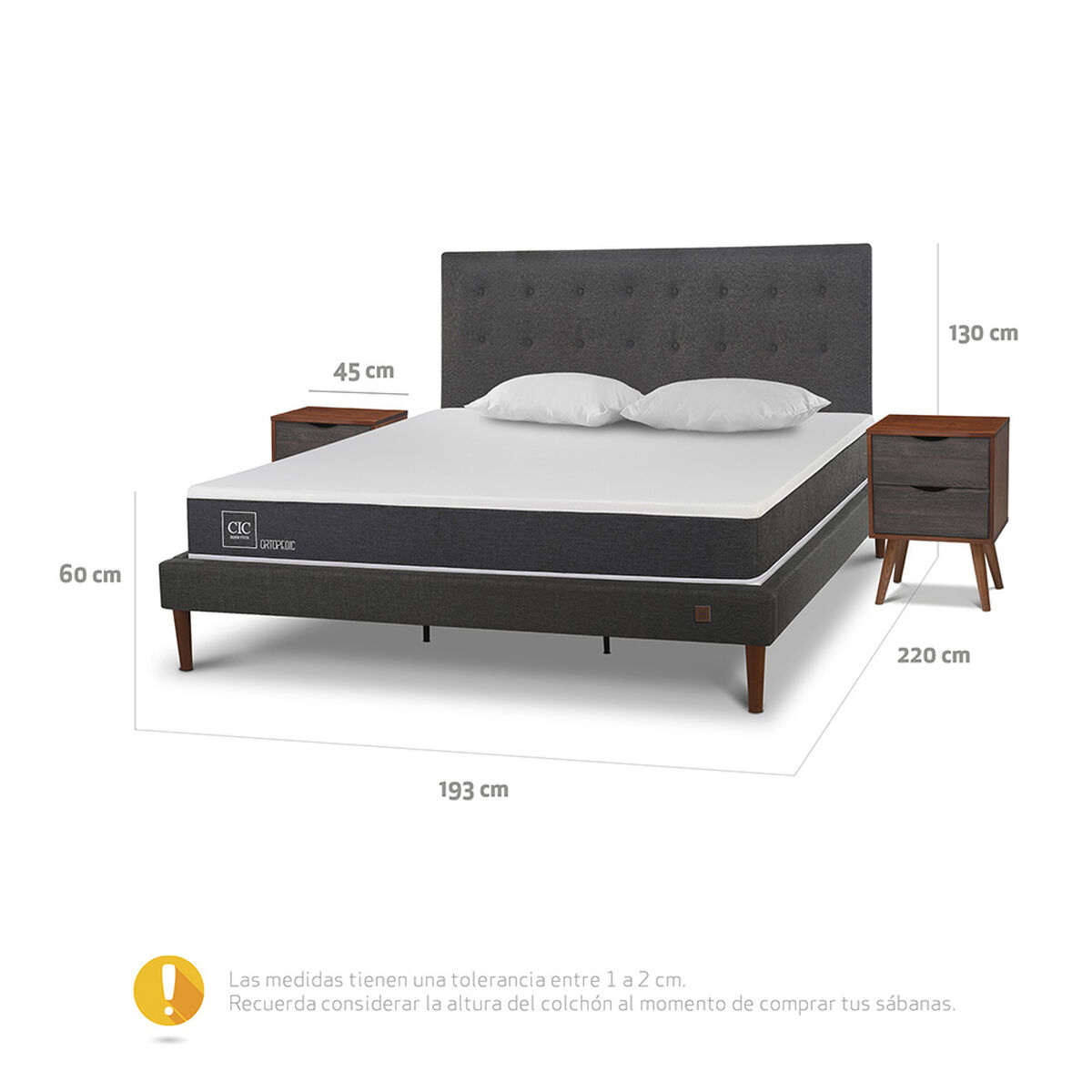 Cama Europea CIC King New Ortopedic + Respaldo Eufrates + 2 Veladores + Almohadas Viscoel&aacute;sticas