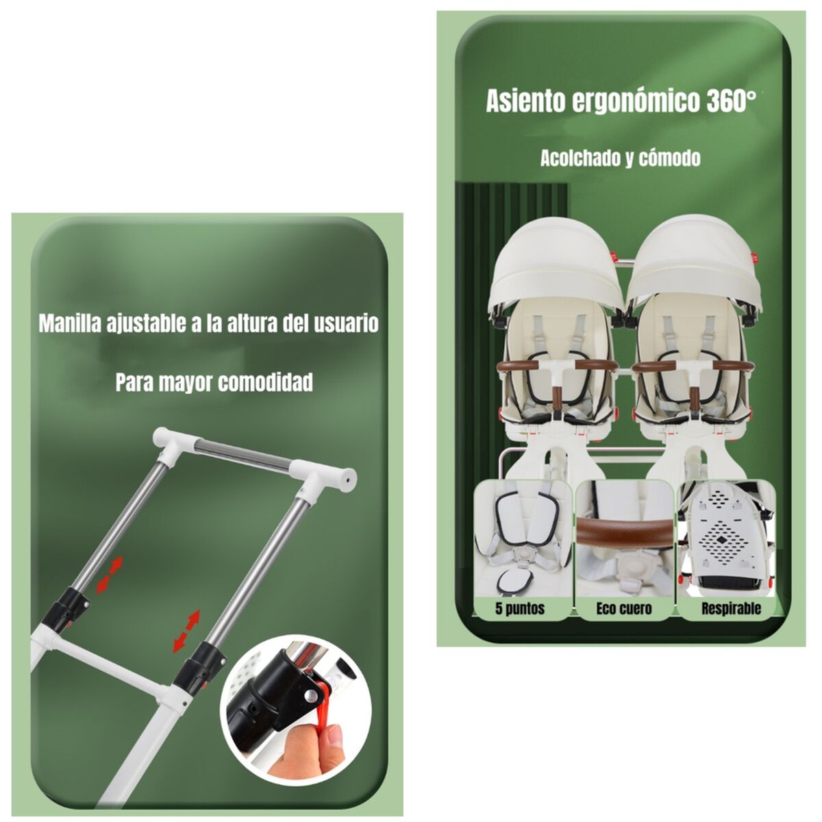 Coche Doble con Mesita de Comer Reclinable Blanco LuBabycas