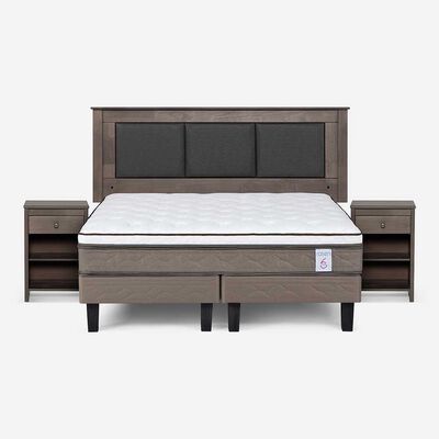 Cama Europea Rosen Base Dividida 2 Plazas New style 6 + Respaldo Rachel Gris + 2 Veladores