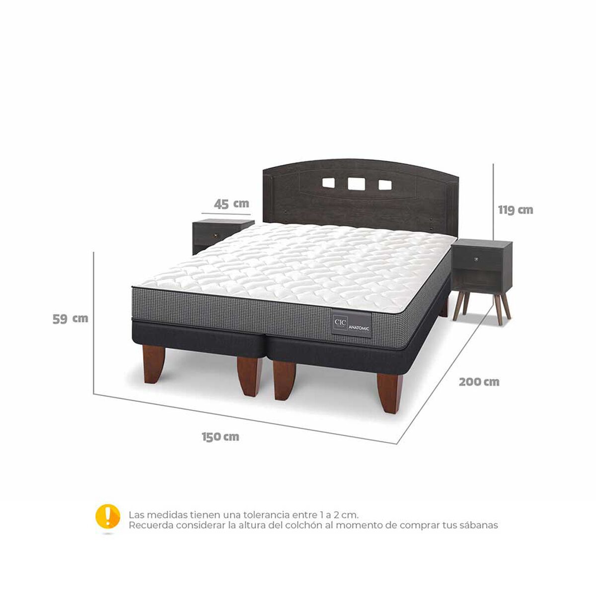 Cama Europea CIC Base Dividida 2 Plazas Anatomic + Respaldo + 2 Veladores Gales