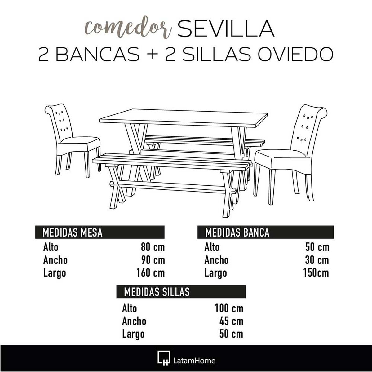 Juego de Comedor Latam Home Sevilla Oviedo 2 Sillas + 2 Bancas Velvet Negro