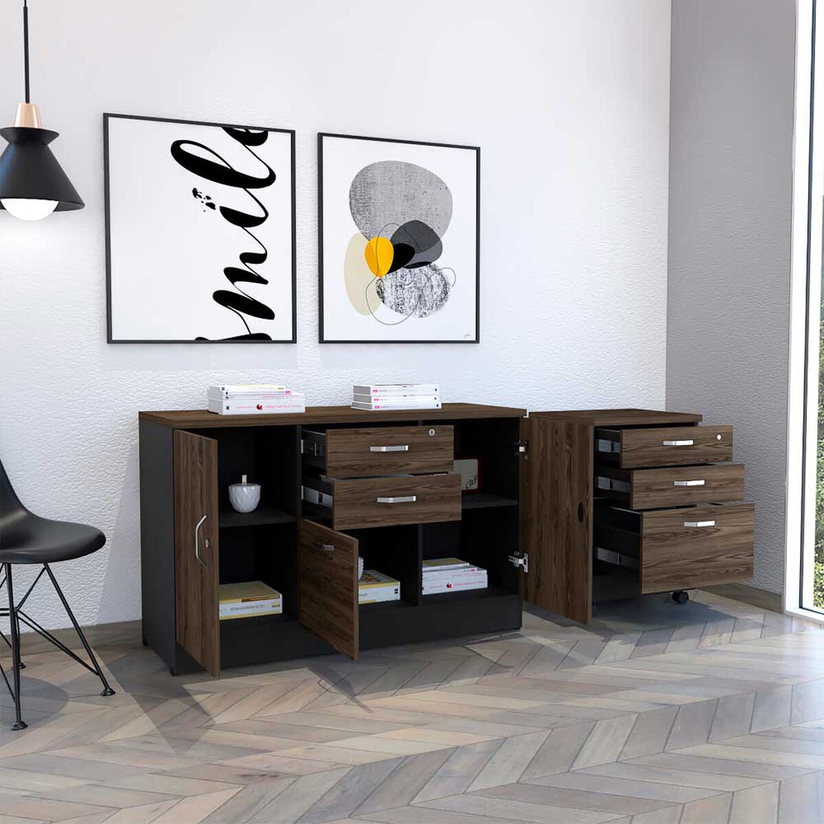 Combo Archivador 3 Cajones + Gabinete 2 Puertas TuHome Home Office Negro Soft-Coñac