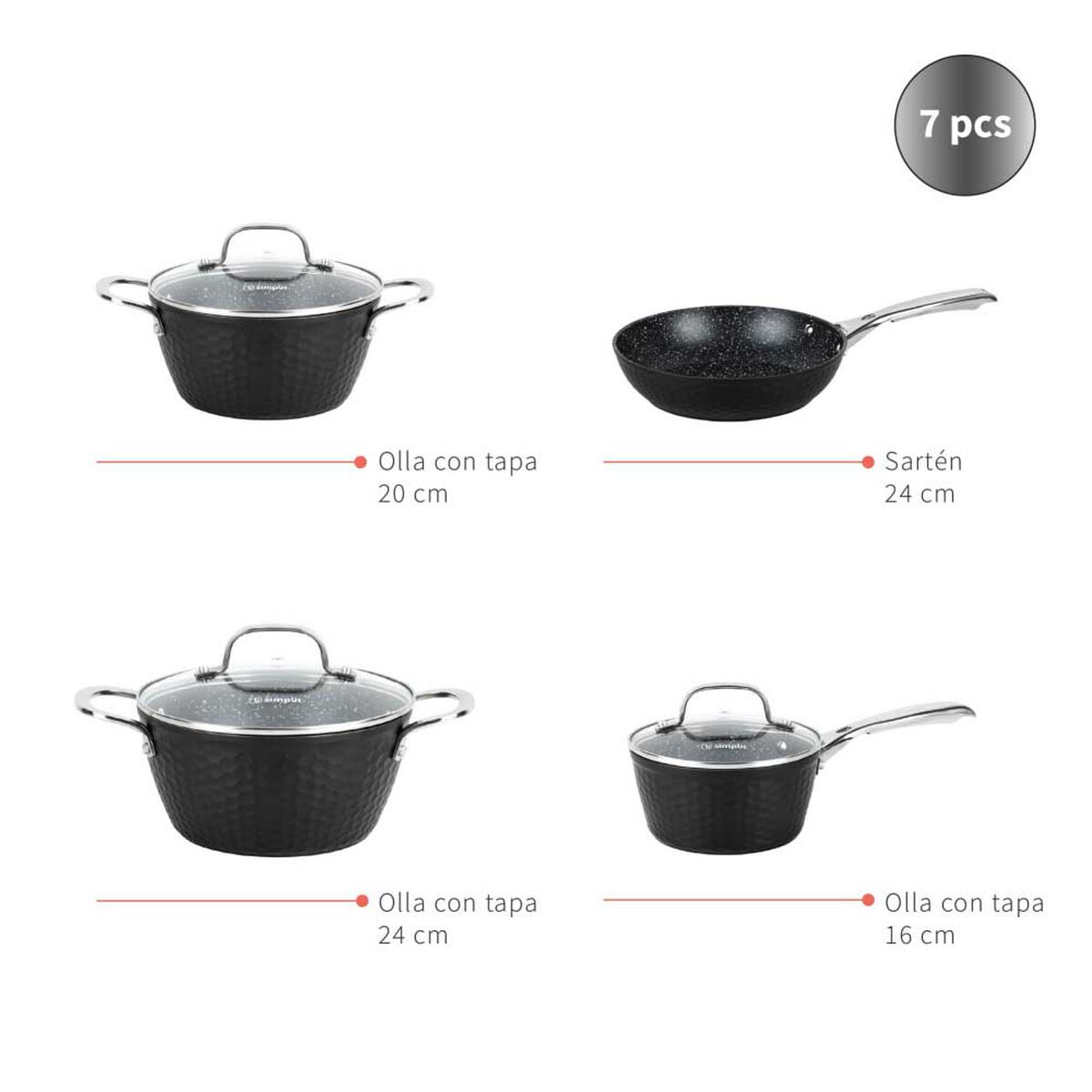 Pack Batería de Cocina Copper 7 Piezas + Set 12 Utensilios Negro Simplit