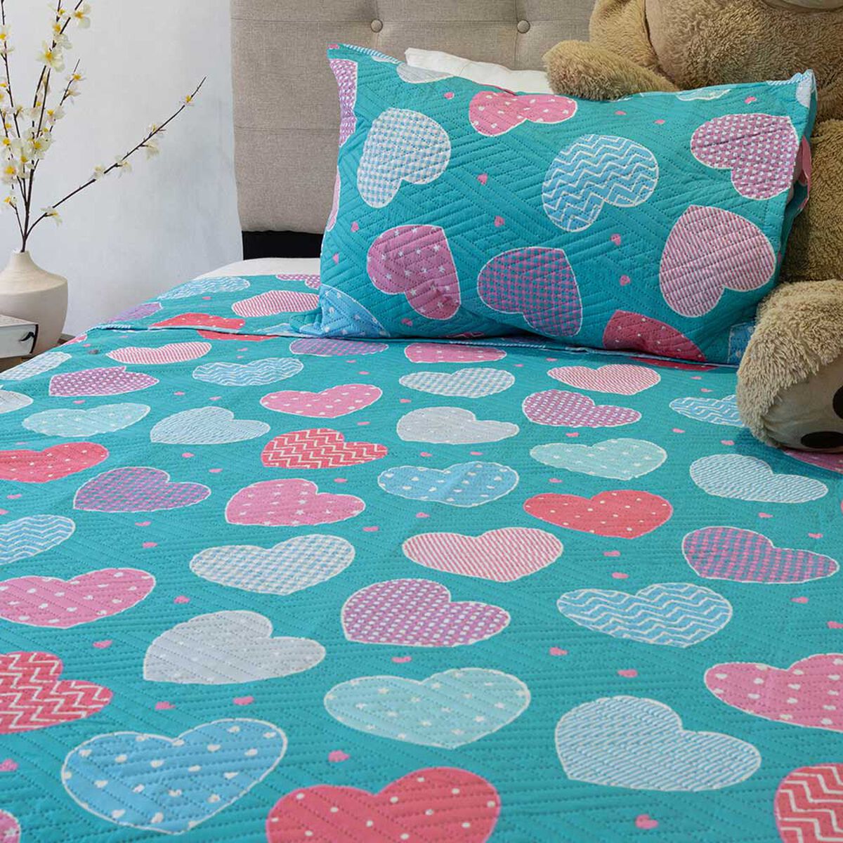 Quilt Doral 1,5 Plazas Origins Corazones