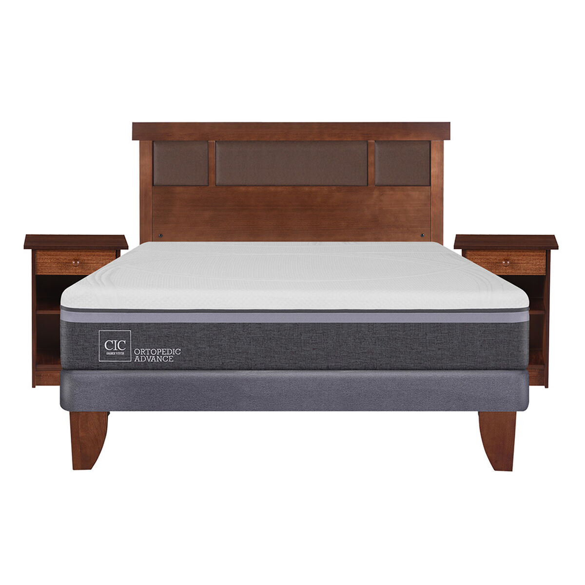 Cama Europea CIC 2 Plazas Ortopedic Advance + Respaldo + 2 Veladores Dublin Caramelo