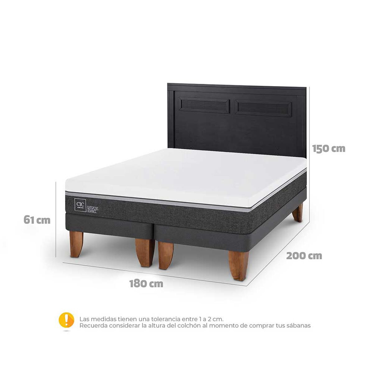 Cama Europea CIC Base Dividida King Ortopedic Advance + Respaldo Milan Negro