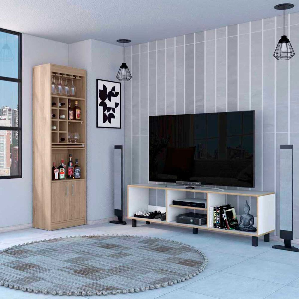 Combo Rack TV65 + Bar TuHome Nomik Blanco Rovere
