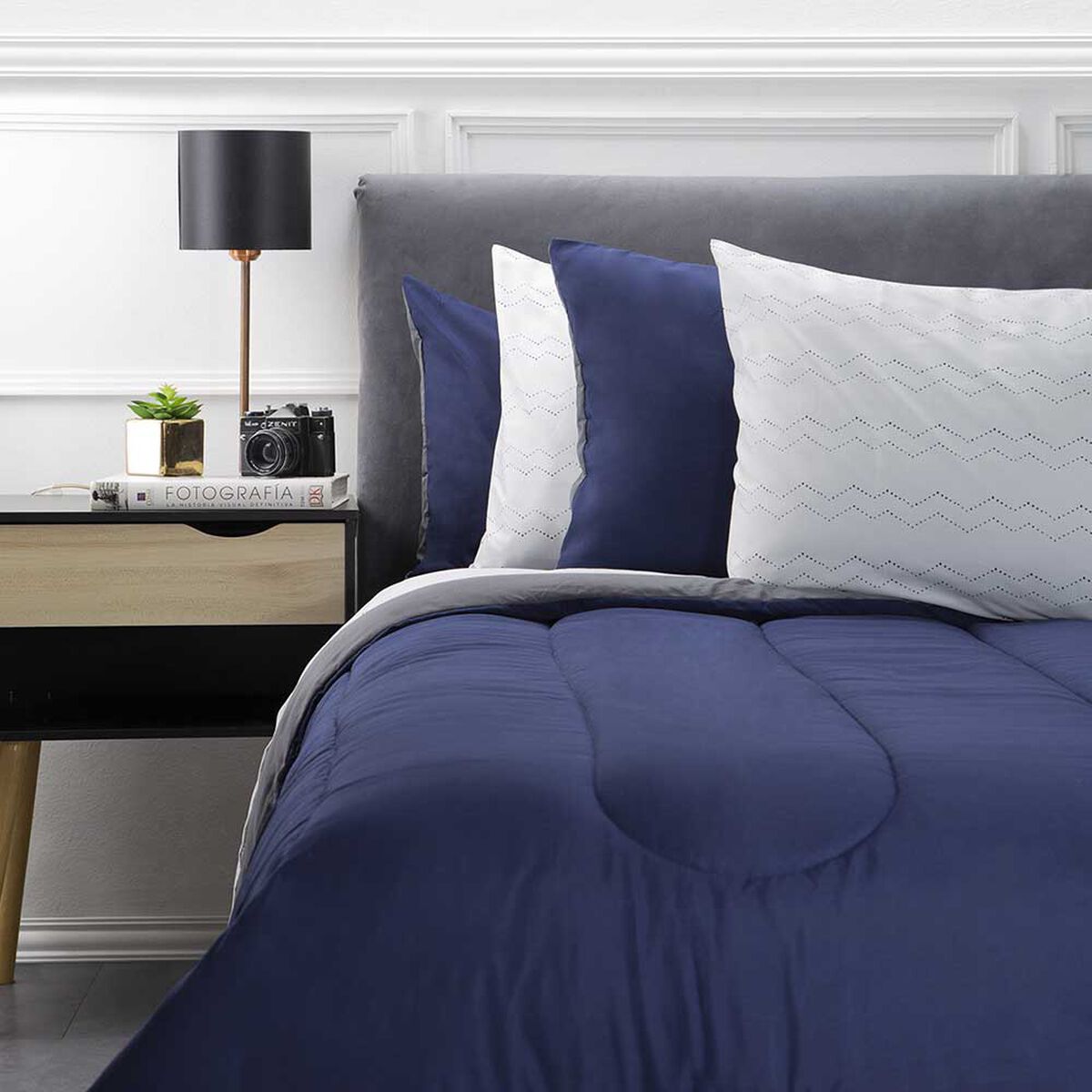 Set Plumón Bicolor + Juego de Sábanas Zibel 1,5 Plazas Liso Azul Gris