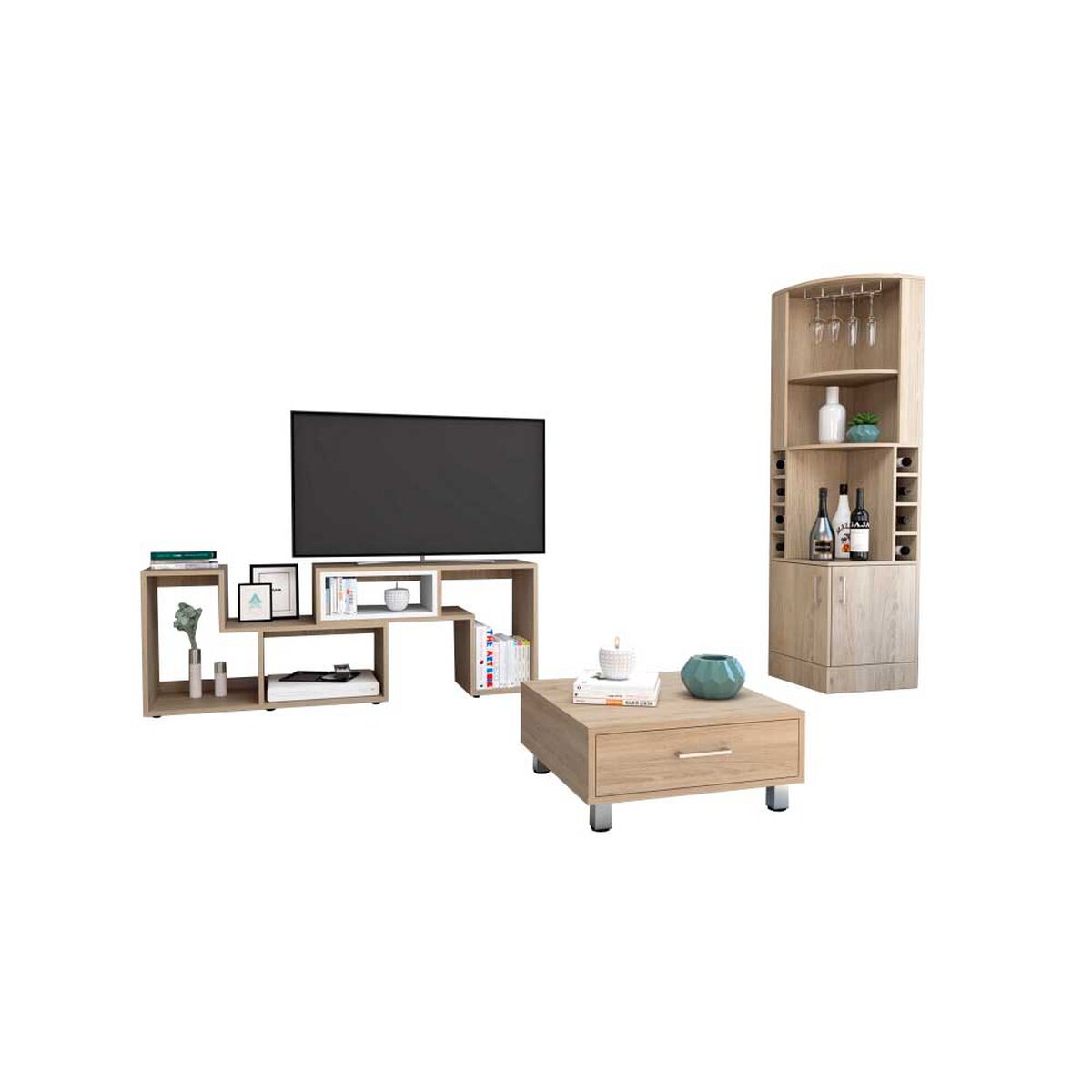 Combo Bar Esquinero + Rack Extensible TV40 + Mesa de Centro TuHome Beijing Rovere