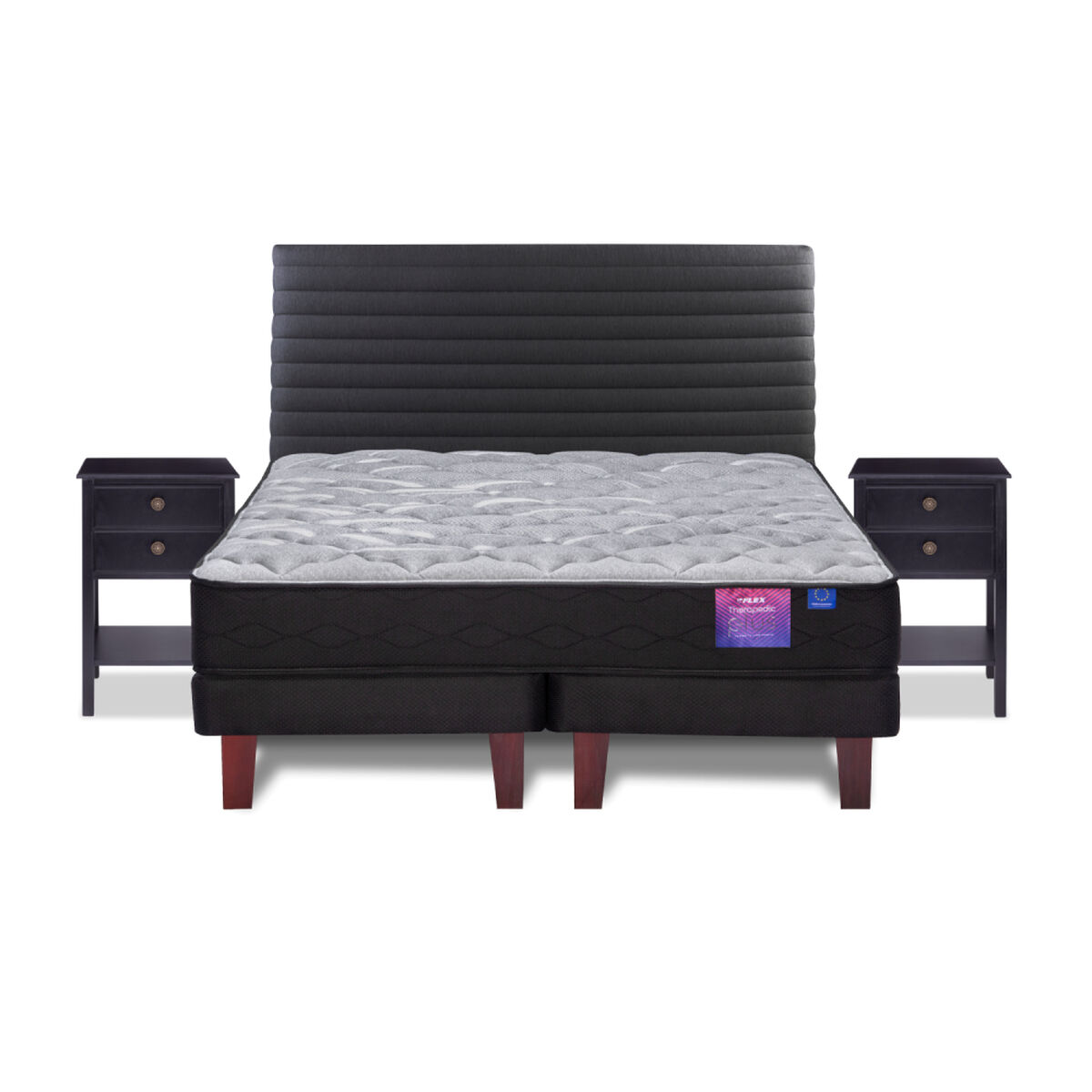 Cama Europea Flex Base Dividida King Therapedic Plus + Respaldo Modern + 2 Veladores Rover