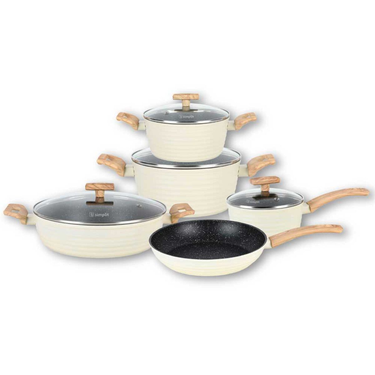 Batería de Cocina Aluminio Forjado Simplit 9 Piezas Crema + Set 12 Utensilios Calipso