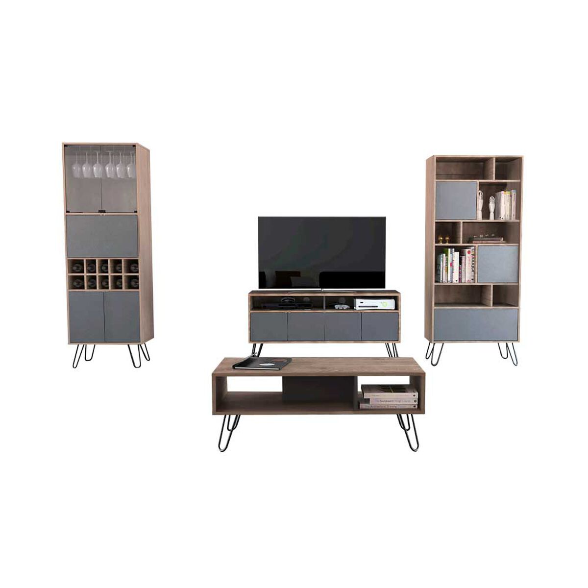 Combo Rack TV 55" + Biblioteca + Bar Alto + Mesa Centro Vassel Miel Plomo Tuhome