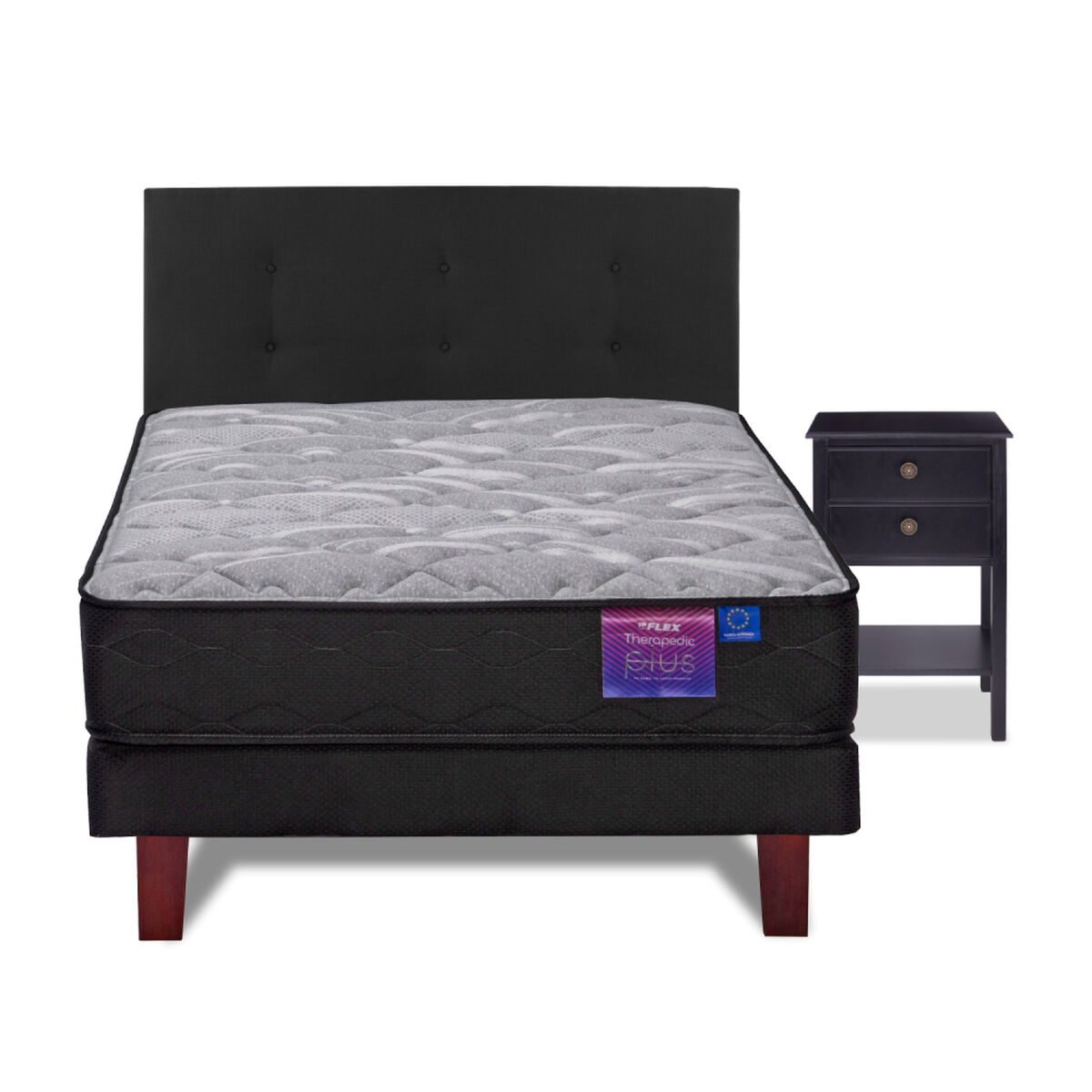 Cama Europea Flex 1,5 Plazas Therapedic Plus  + Respaldo Royal Negro + Velador Rover