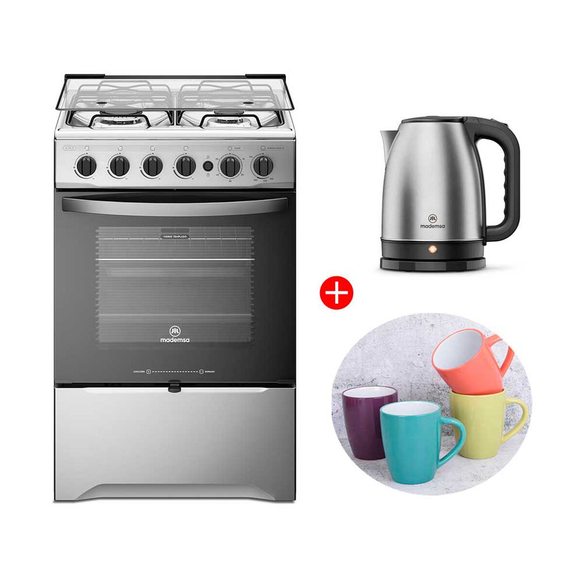 Combo Cocina a Gas Mademsa M 775 ST 4 Quemadores + Hervidor Eléctrico Mademsa MEK10 1,8 lts. + Set 4 Mugs Casanova Cerámica Multicolor