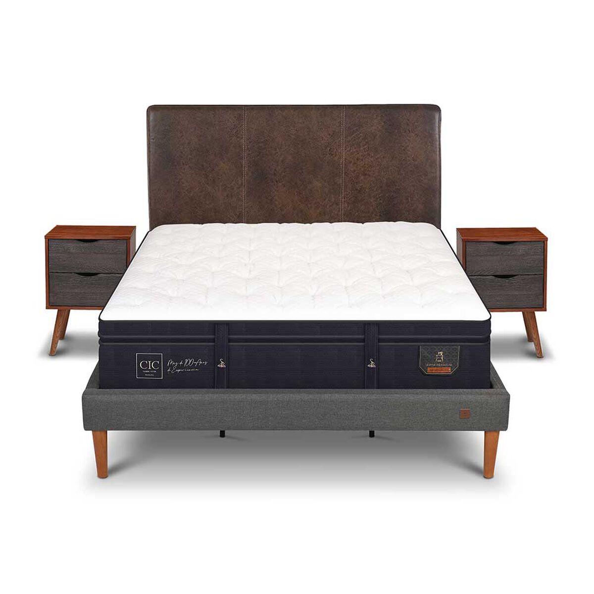 Cama Europea CIC King S&uacute;per Premium + Respaldo + Veladores
