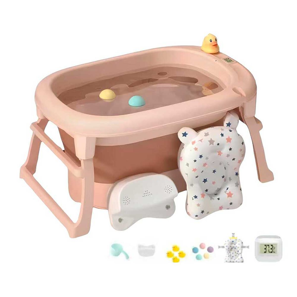 Bañera con Cojin Termómetro más Accesorios Rosada Lubabycas