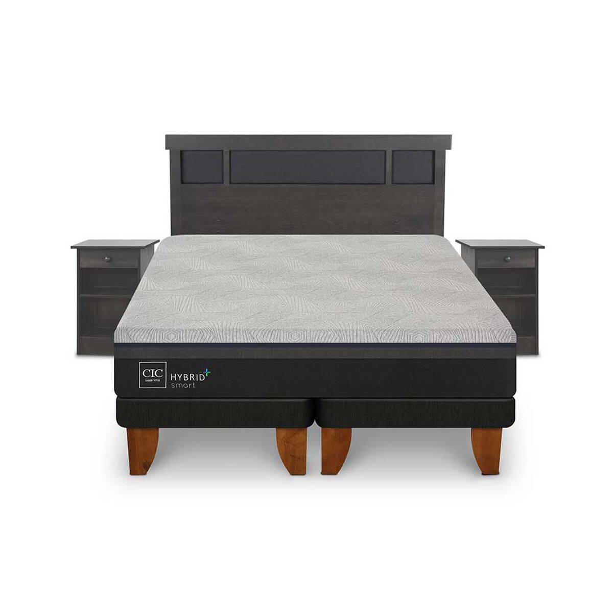 Cama Europea CIC Base Dividida 2 Plazas Hybrid Plus Infinity + Respaldo + 2 Veladores Dublin