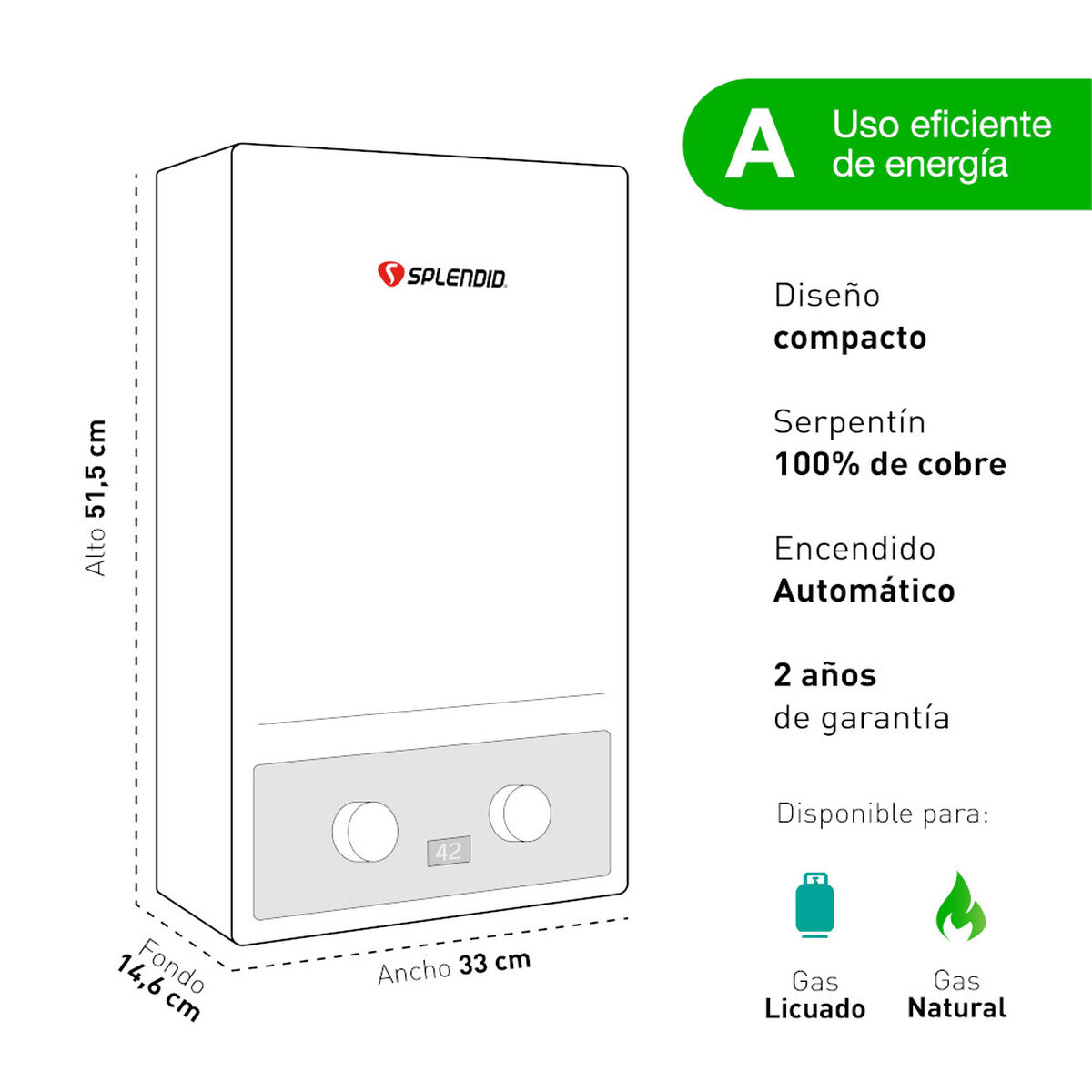 Calefont tiro forzado Splendid 7LTNGL Gas Licuado 7 Litros/min
