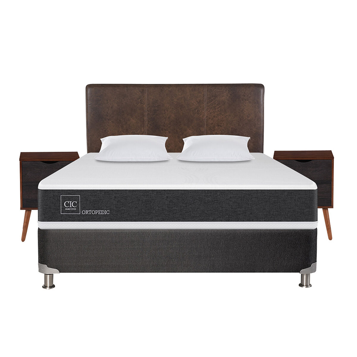 Box Spring CIC 2 Plazas New Ortopedic + Respaldo + 2 Veladores Baker + Almohada