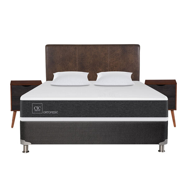 Box Spring CIC 2 Plazas New Ortopedic + Respaldo + 2 Veladores Baker + Almohada