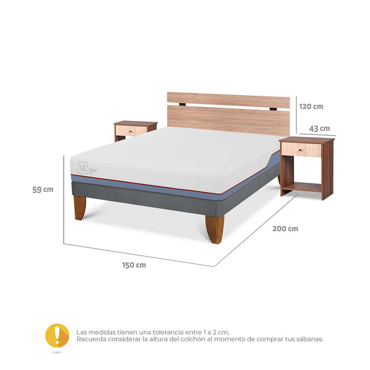 Cama Europea CIC 2 Plazas Excellence Plus + Respaldo + 2 Veladores