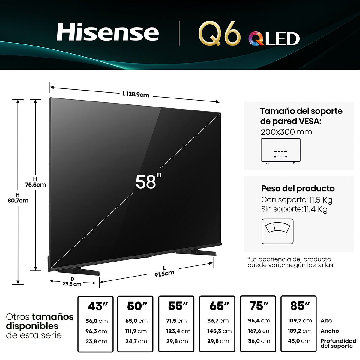 Smart TV QLED 58" Hisense UHD 4K VIDAA 58Q6QV