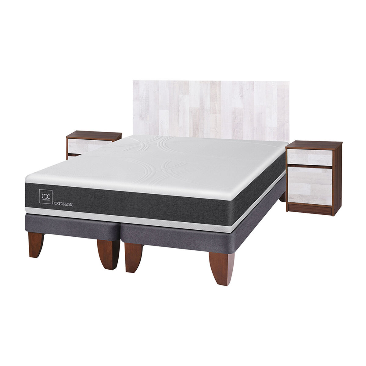 Cama Europea CIC Base Dividida 2 Plazas Ortopedic + Respaldo + 2 Veladores