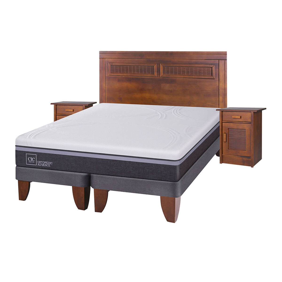 Cama Europea CIC Base Dividida King Ortopedic Advance + Respaldo + 2 Veladores
