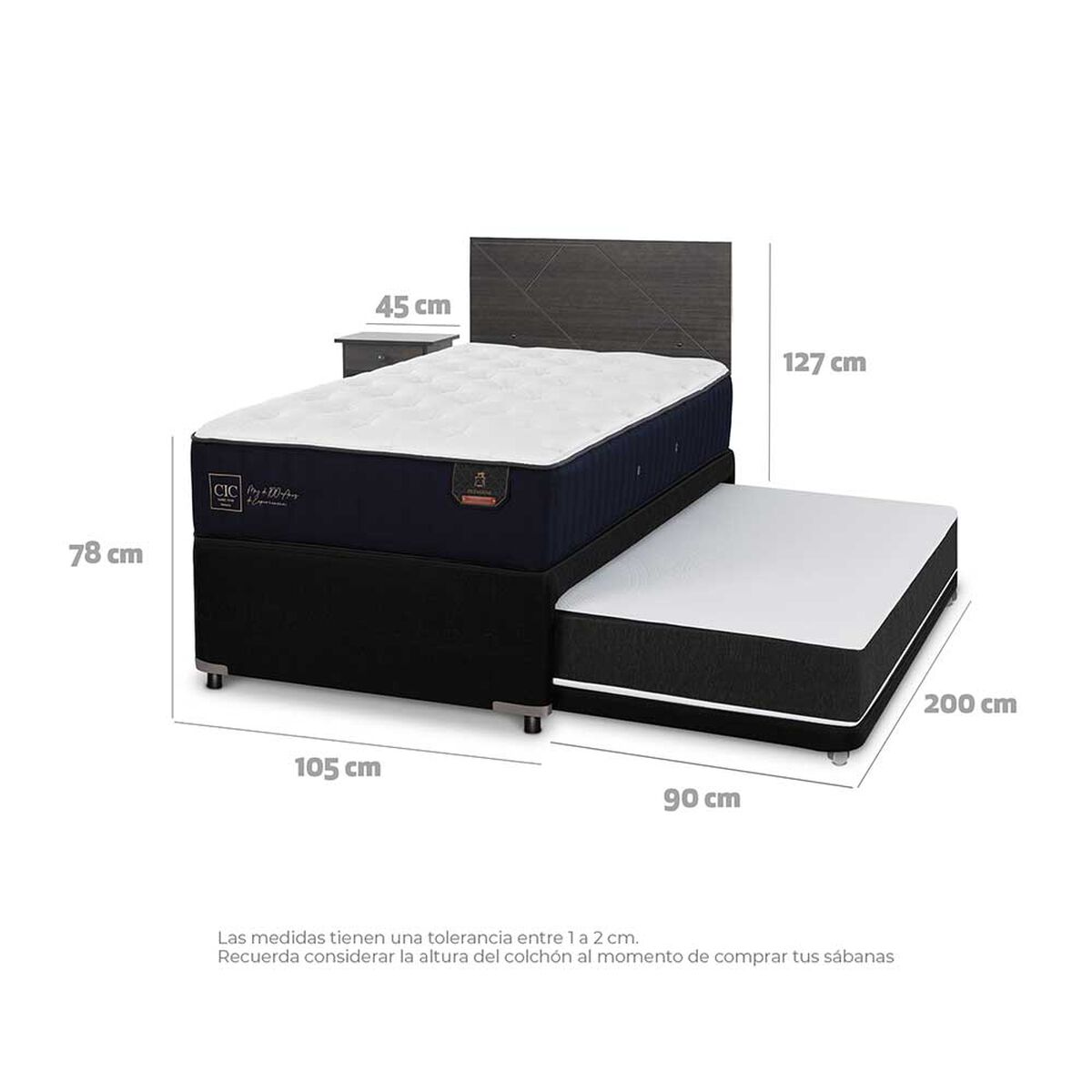 Cama Nido CIC 1,5 Plazas Premium + Respaldo + Velador Villarrica