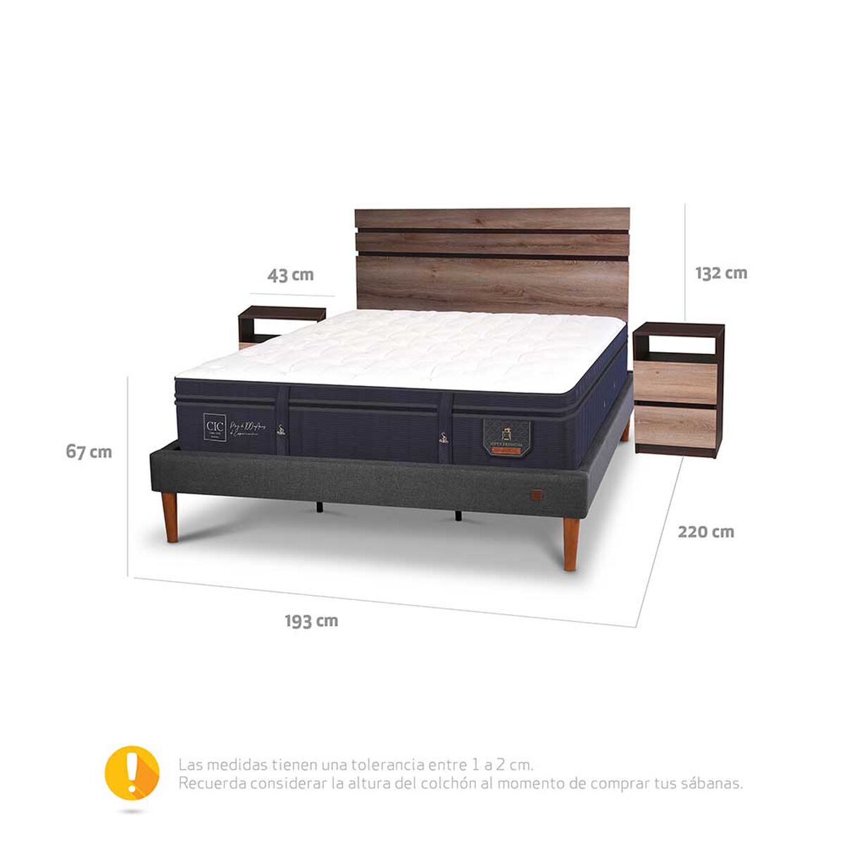 Cama Europea CIC King S&uacute;per Premium + Respaldo + Veladores