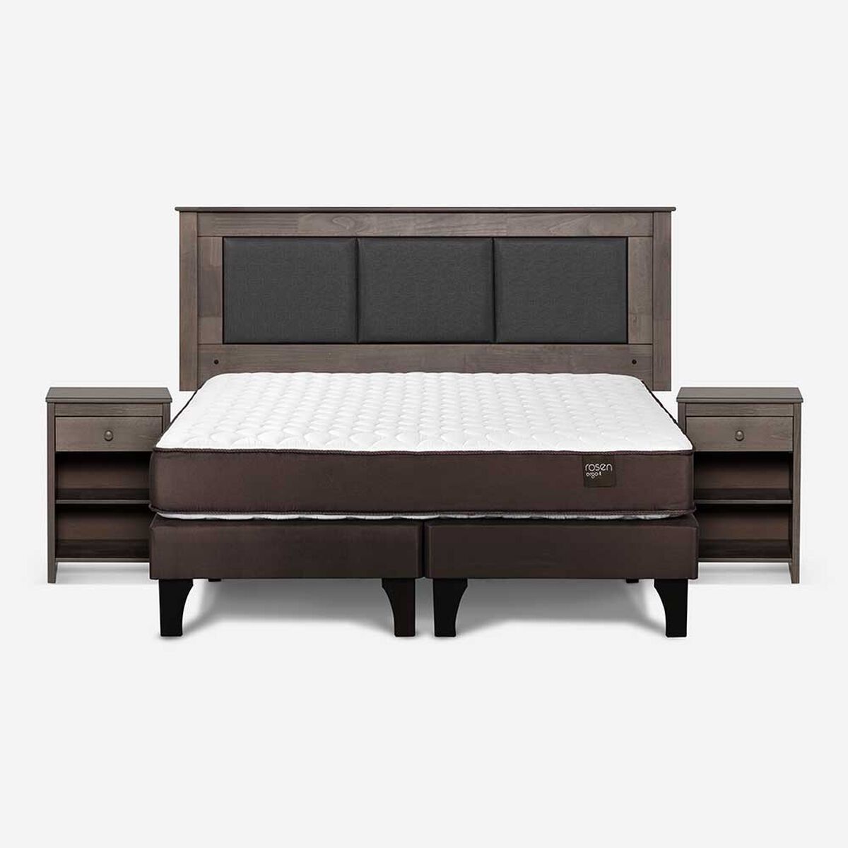 Cama Europea Rosen Base Dividida 2 Plazas New Ergo T + Respaldo Rachel Gris + 2 Veladores